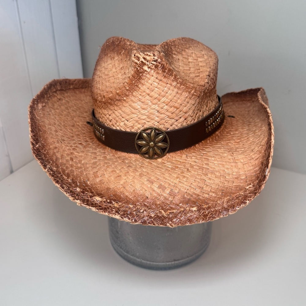 Rafia Cowgirl Woven Hat with Brown Studded Band